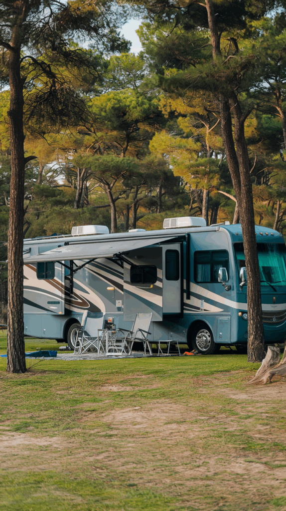 rv in a campground parked for the night.